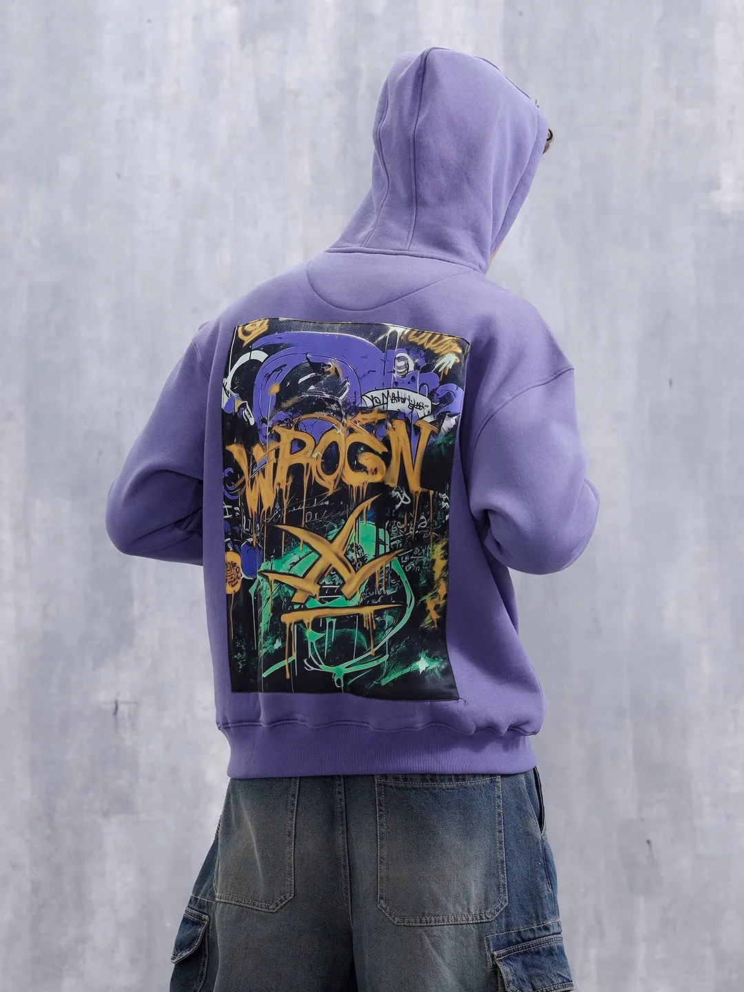 Graffiti Patch Oversized Brushed Fleece Hoodie | Purple sold by Wrogn product image thumbnail 3