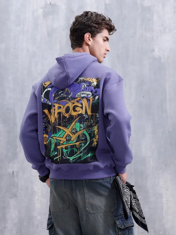 Graffiti Patch Oversized Brushed Fleece Hoodie | Purple sold by Wrogn
