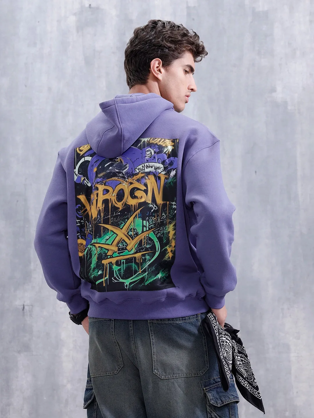 Graffiti Patch Oversized Brushed Fleece Hoodie | Purple sold by Wrogn