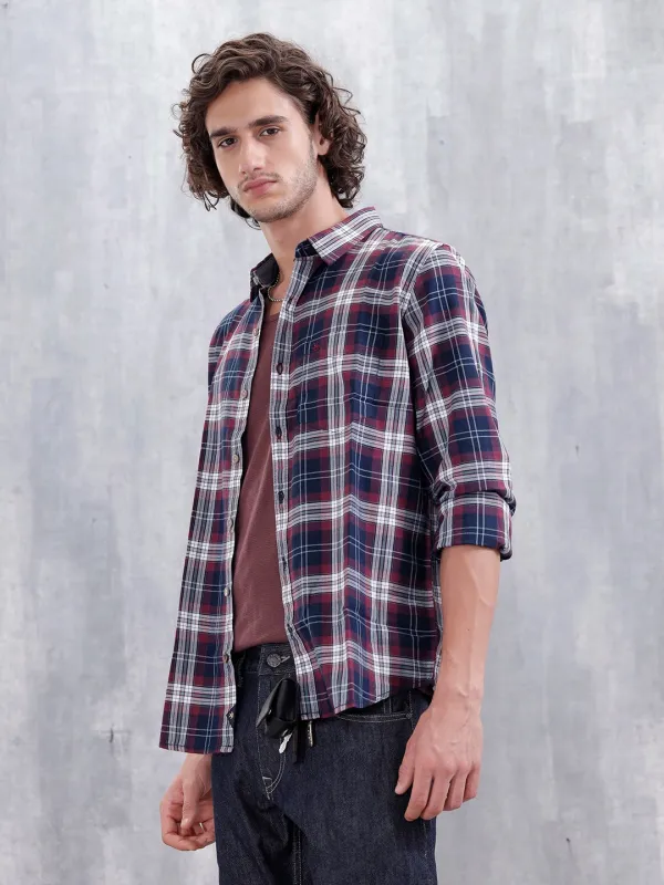 Slim Fit Cotton Indigo Twill Check Shirt | Maroon sold by Wrogn