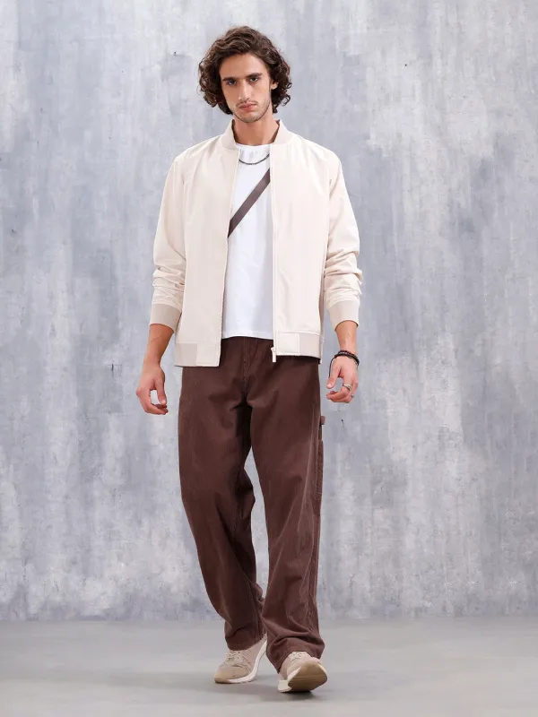 Men'S Solid Casual Bomber Jacket | Beige made by Wrogn