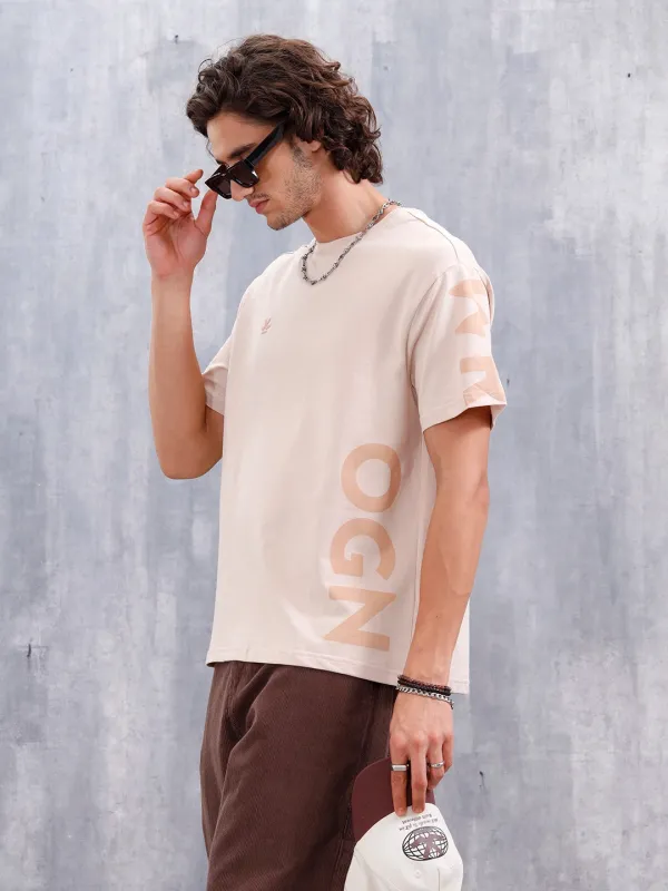 Casual Men Oversized Fit Tee With Typo Graphic | Beige sold by Wrogn