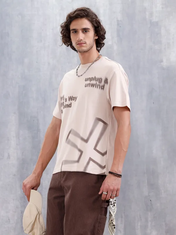 Casual Men Oversized Fit Tee With Placement Graphic | Beige sold by Wrogn