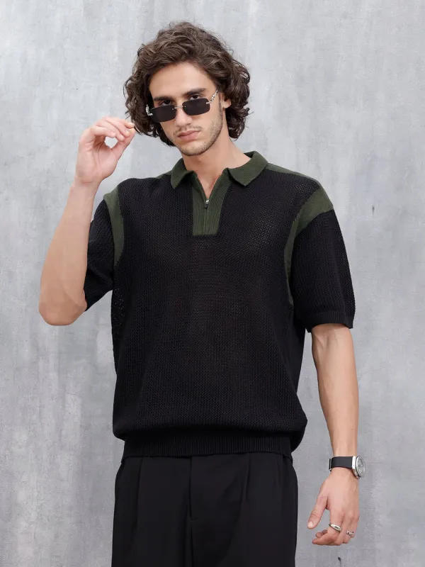 Casual Men Oversized Fit Flat Knit Polo T-shirt With Zipper | Black sold by Wrogn