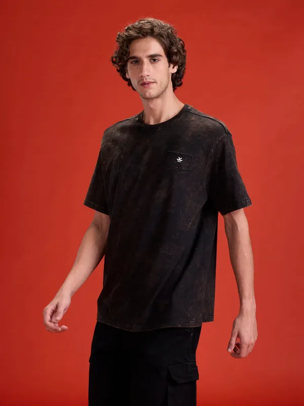Washed Oversized Fit Tee With Logo Embroidery Patch | Black sold by Wrogn
