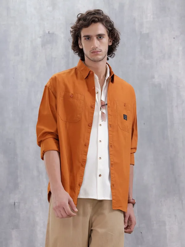 Men's Casual Solid Double Pocket Oversized Fit Shirt | Orange sold by Wrogn