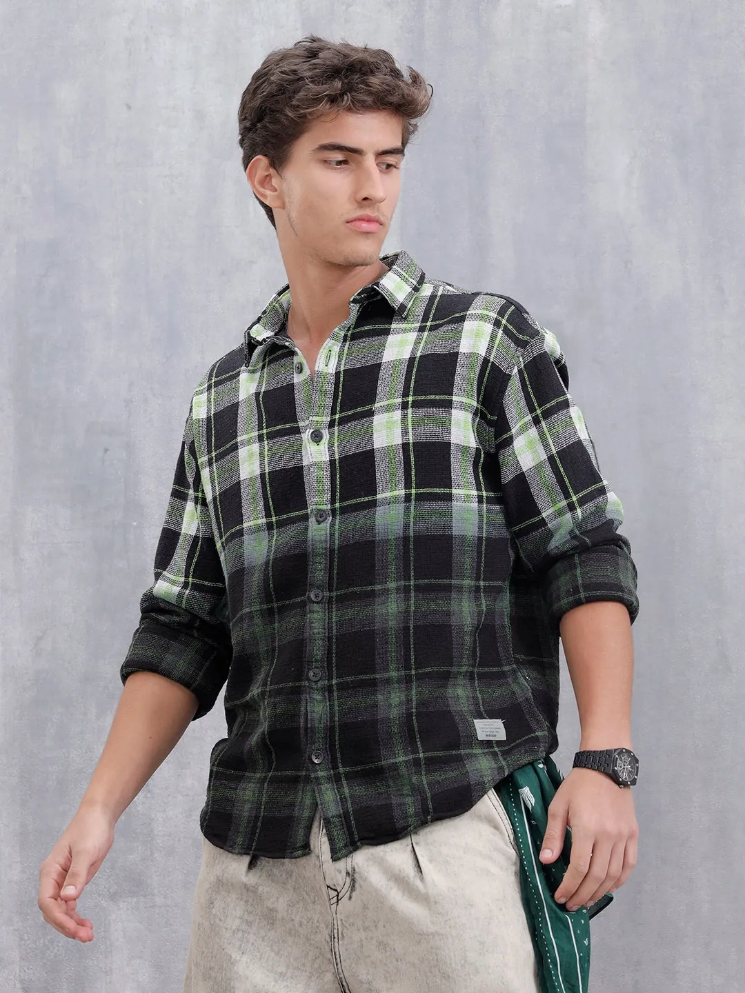 Men Checkered Pattern Oversized Fit Shirt | Black sold by Wrogn