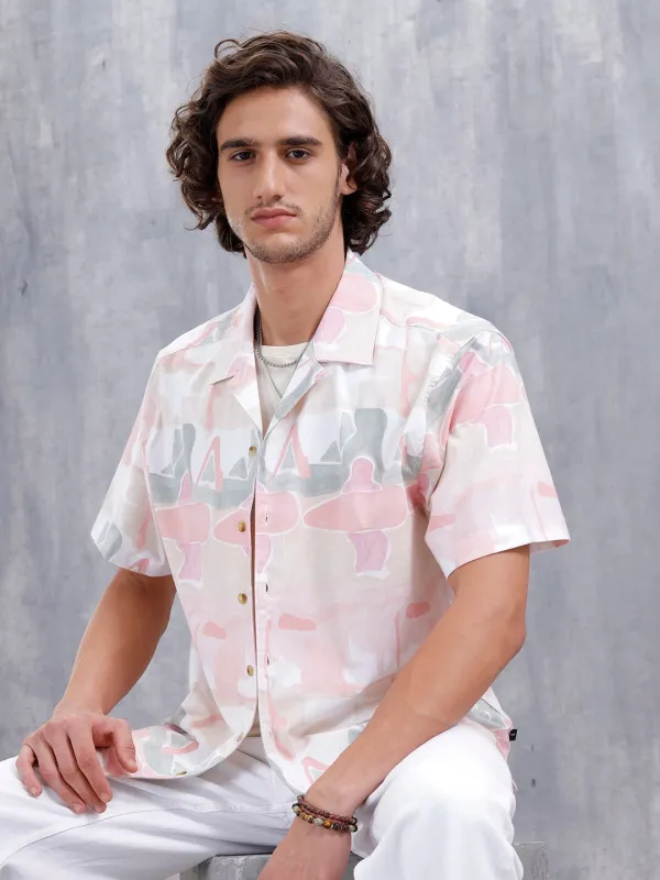 Abstract Aop Printed Comfort Fit Resort Collar Shirt | Pink sold by Wrogn