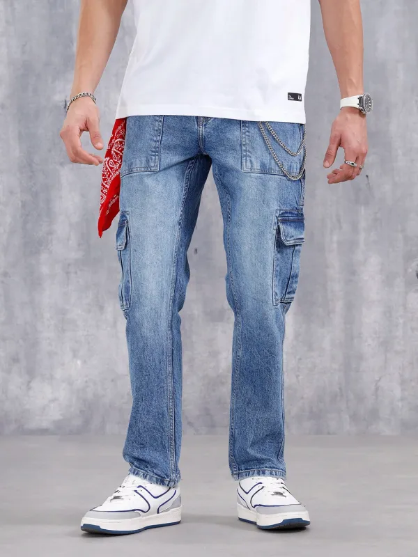 Men's Casual Relaxed Fit Cargo Jeans | Med Stone sold by Wrogn