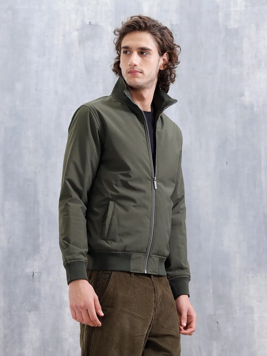 Solid Casual Slim Fit Bomber Jacket | Olive sold by Wrogn product image thumbnail 4