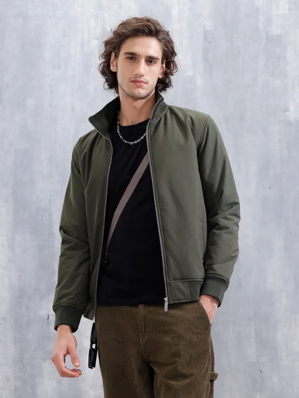 Solid Casual Slim Fit Bomber Jacket | Olive sold by Wrogn