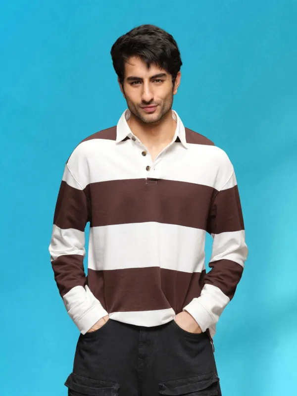 Yarn Dyed Striped Rugby Polo With Twill Collar | Brown sold by Wrogn
