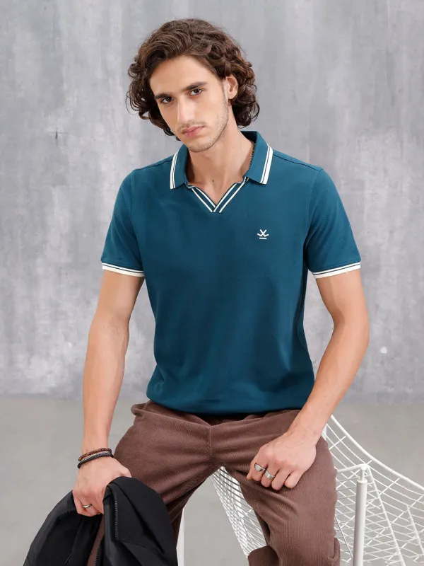 Contrast Tipped Johnny Collar Slim Fit Polo | Teal sold by Wrogn