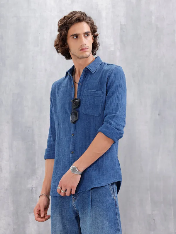 Indigo Double Cloth Slim Fit Shirt In Medium Wash | Blue sold by Wrogn