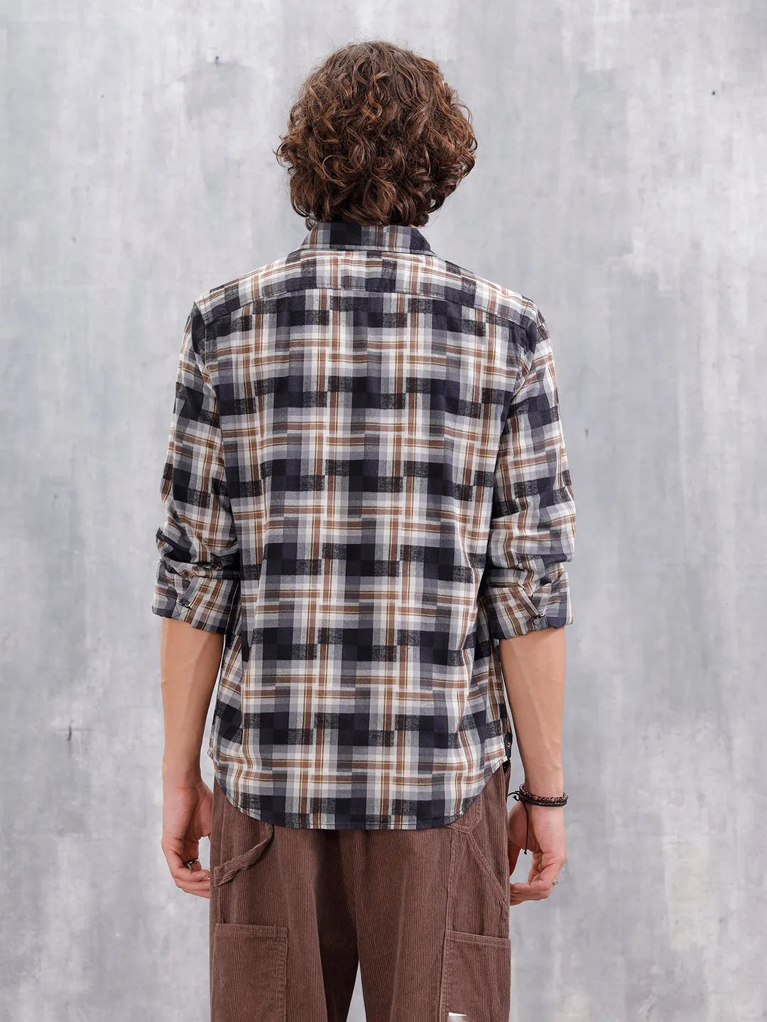 Patchwork Multi-Weave Check Slim Fit Shirt | Black sold by Wrogn product image thumbnail 3