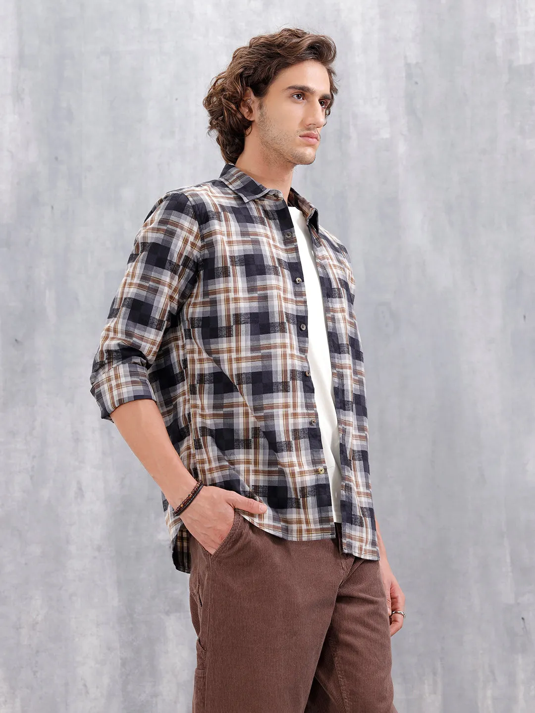 Patchwork Multi-Weave Check Slim Fit Shirt | Black sold by Wrogn product image thumbnail 4