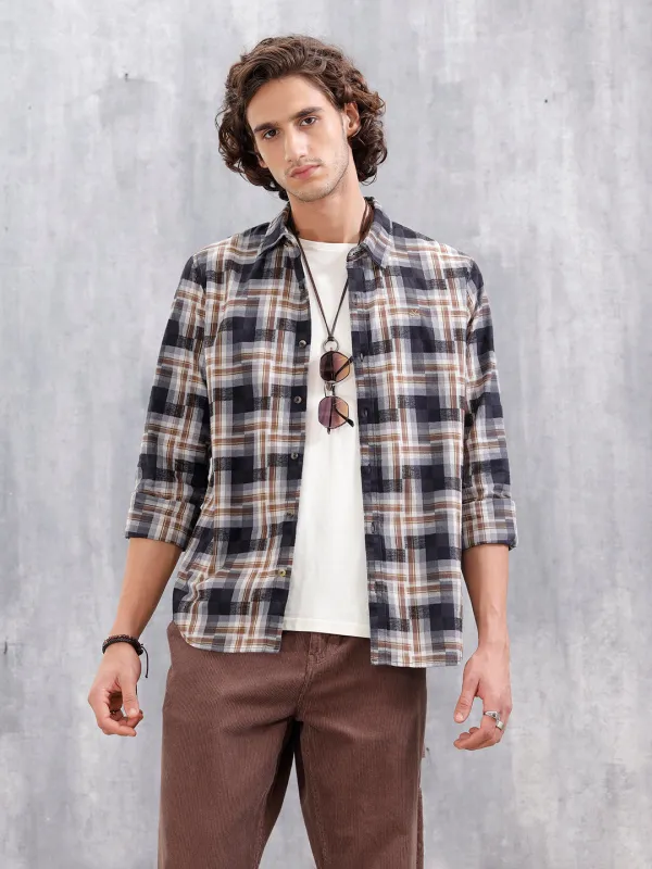 Patchwork Multi-Weave Check Slim Fit Shirt | Black sold by Wrogn