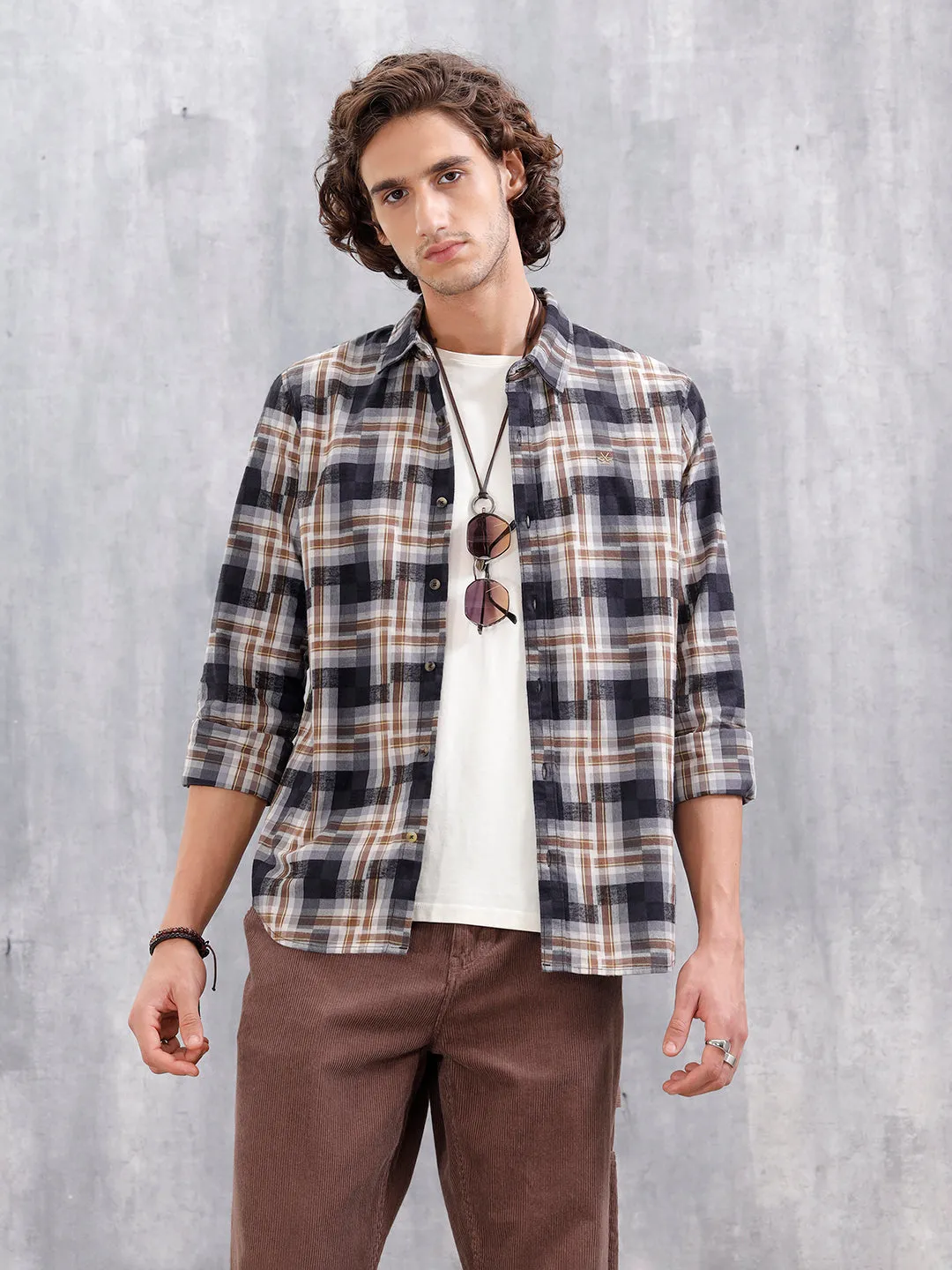 Patchwork Multi-Weave Check Slim Fit Shirt | Black sold by Wrogn
