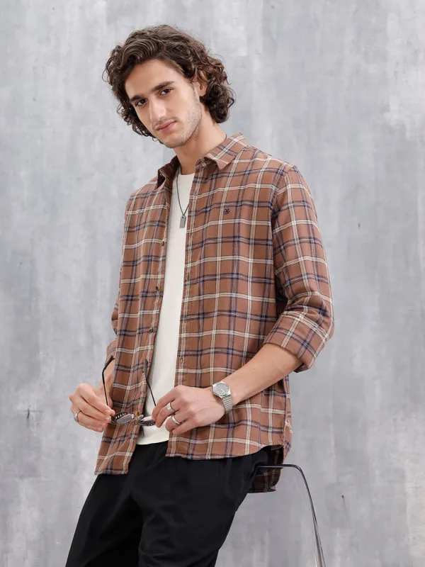 Space Dyed Dobby Check Slim Fit Shirt | Brown made by Wrogn