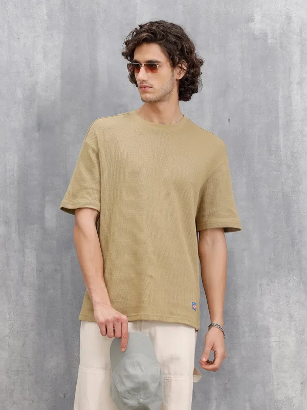 Textured Oversized Crew Neck T-Shirt | Beige sold by Wrogn
