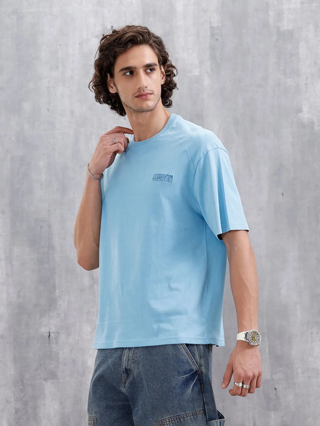 Oversized Crew Neck T-Shirt With Puff Print | Light Blue sold by Wrogn product image thumbnail 4