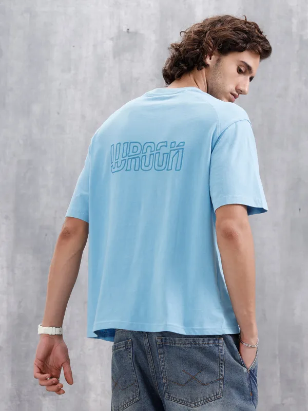 Oversized Crew Neck T-Shirt With Puff Print | Light Blue sold by Wrogn