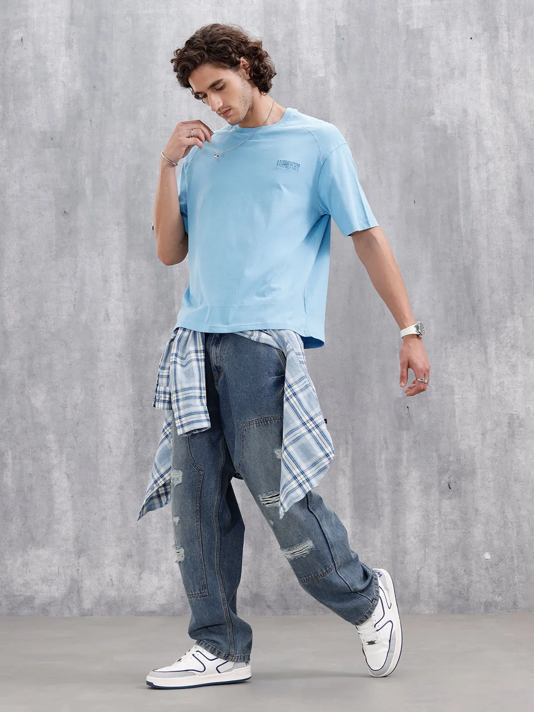 Oversized Crew Neck T-Shirt With Puff Print | Light Blue sold by Wrogn product image thumbnail 2