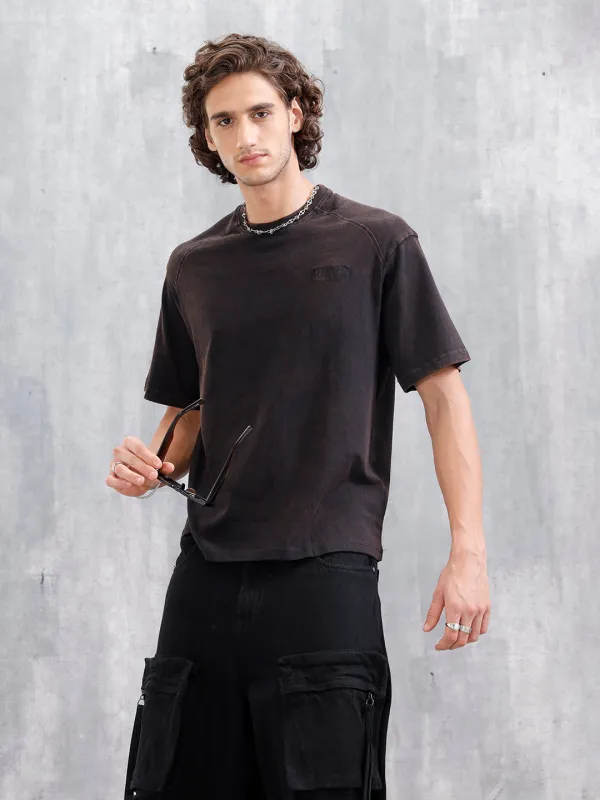 Washed Oversized Crew Neck T-shirt With Embroidery | Black sold by Wrogn