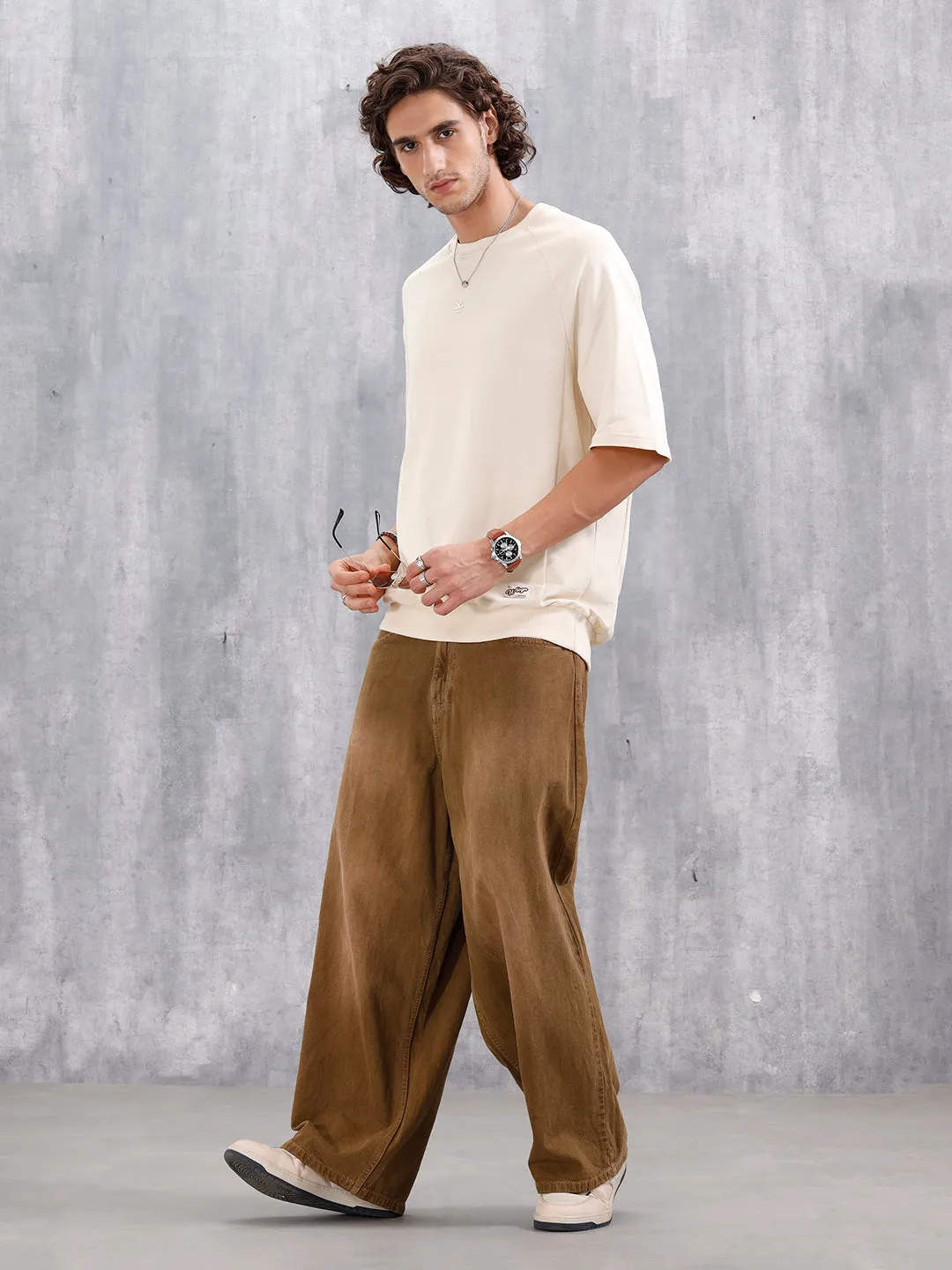 Solid Oversized Crew Neck T-shirt | Beige sold by Wrogn product image thumbnail 2