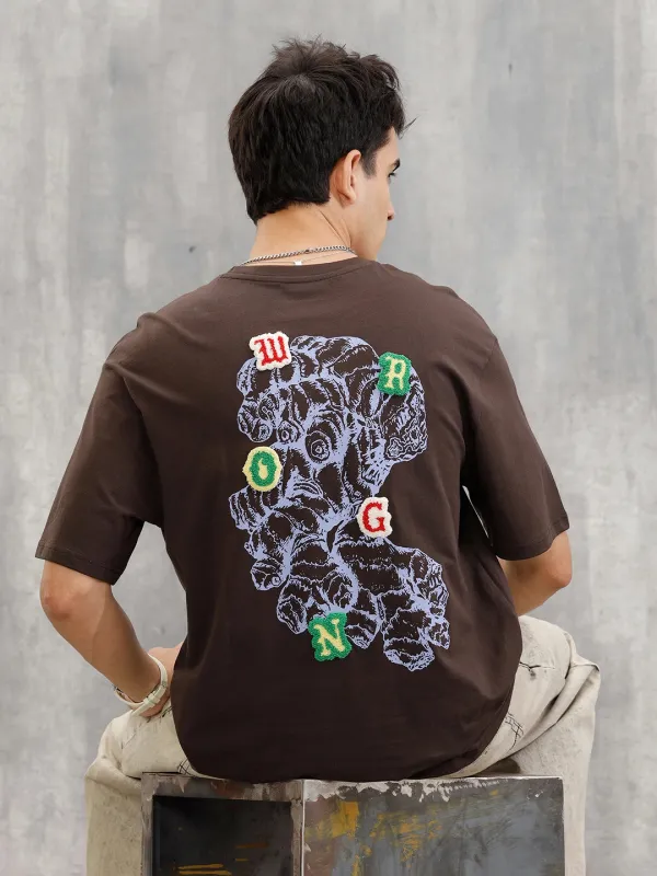 Embroidered & Printed Oversized T-Shirt | Brown sold by Wrogn