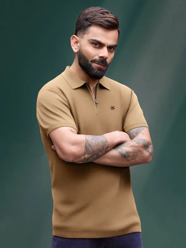 Zipper Polo T-Shirt | Beige sold by Wrogn