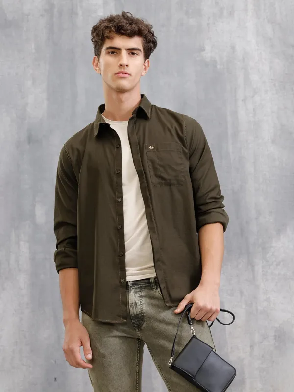 100% Cotton Enzyme Washed Regular Fit Shirt Wiht Contrast Stitch Line I Olive sold by Wrogn