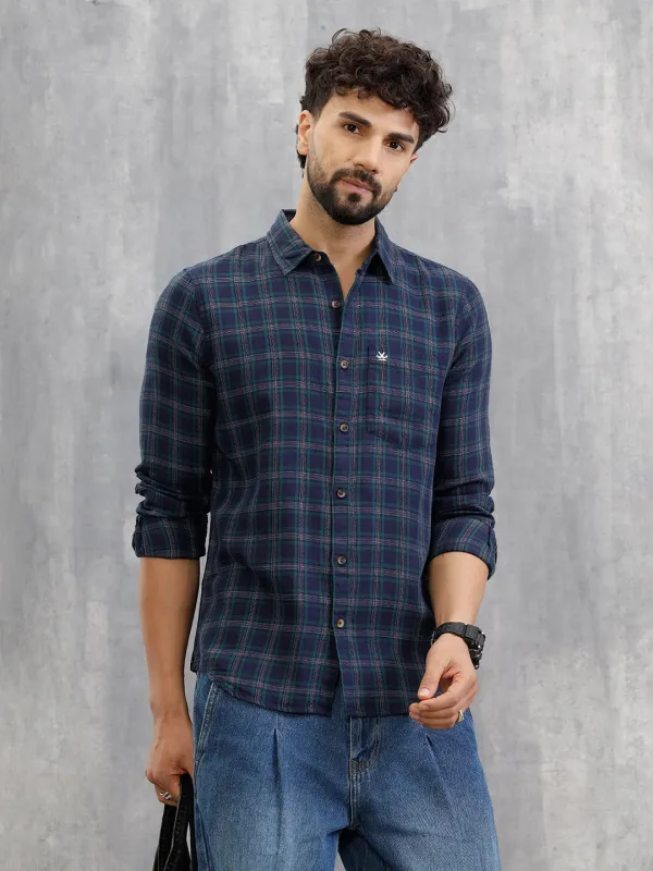 Textured Checkered Cotton Shirt | Navy Blue sold by Wrogn