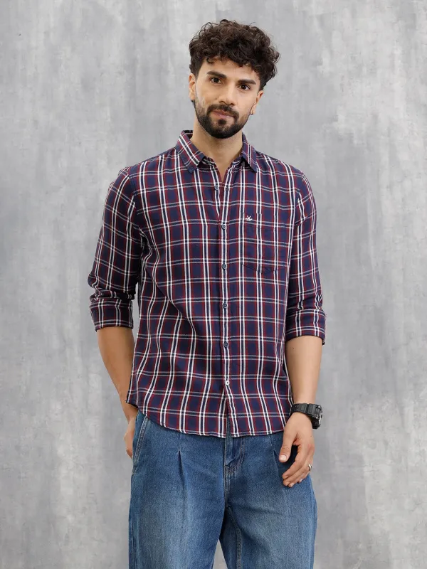 Textured Checkered Cotton Shirt | Navy Blue sold by Wrogn