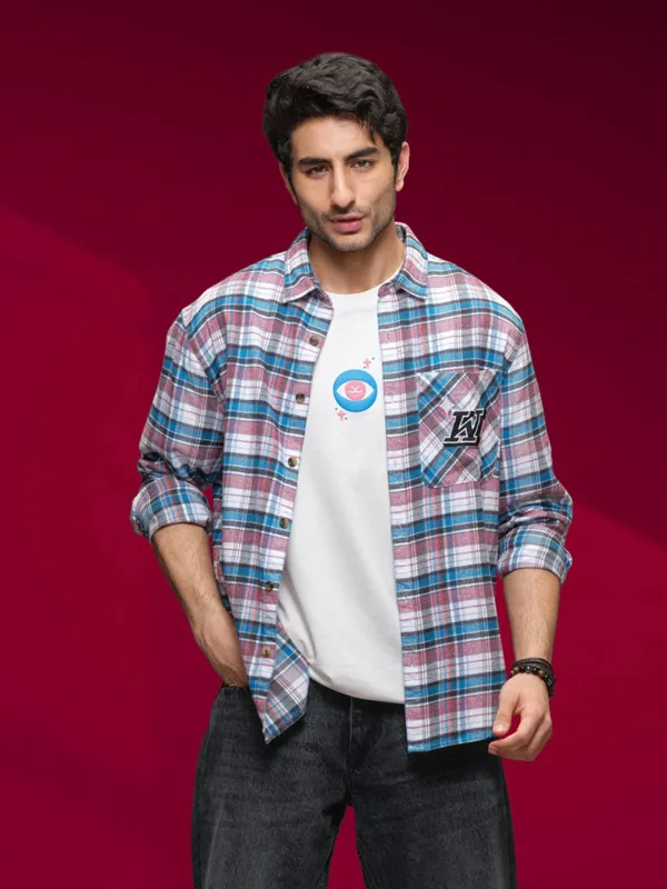 Textured Checkered Patchwork Shirt | Blue sold by Wrogn