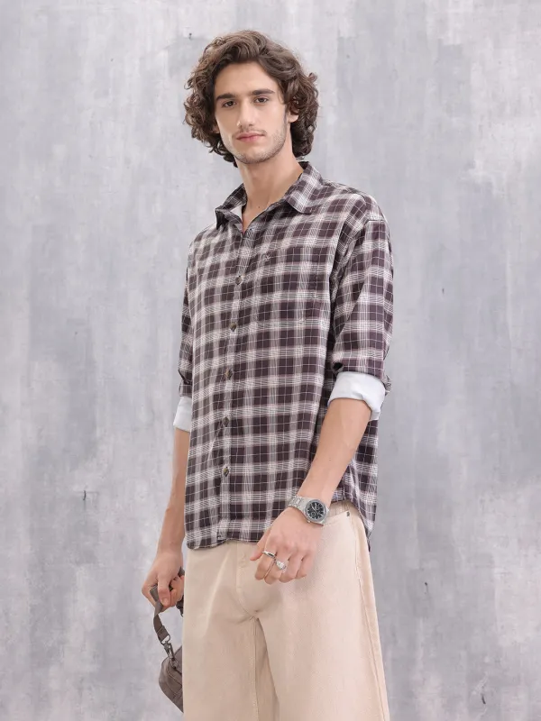 Textured Checkered Regular Fit Shirt | Brown sold by Wrogn