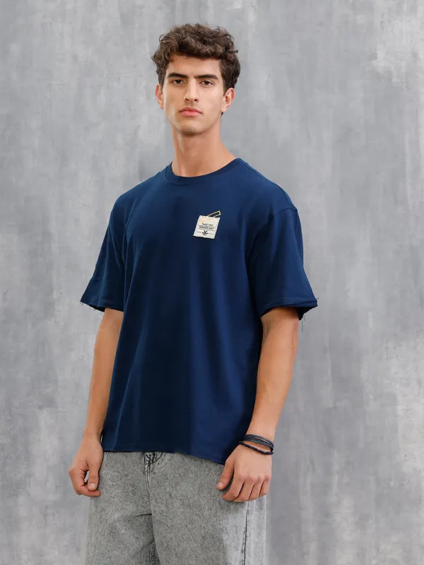 Solid Oversized T-Shirt With Printed Canvas Patch And Raw Edge Detail  | Navy Blue sold by Wrogn
