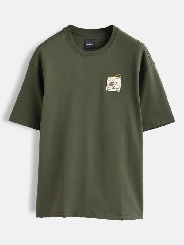 Solid Oversized T-Shirt With Printed Canvas Patch And Raw Edge Detail | Olive sold by Wrogn