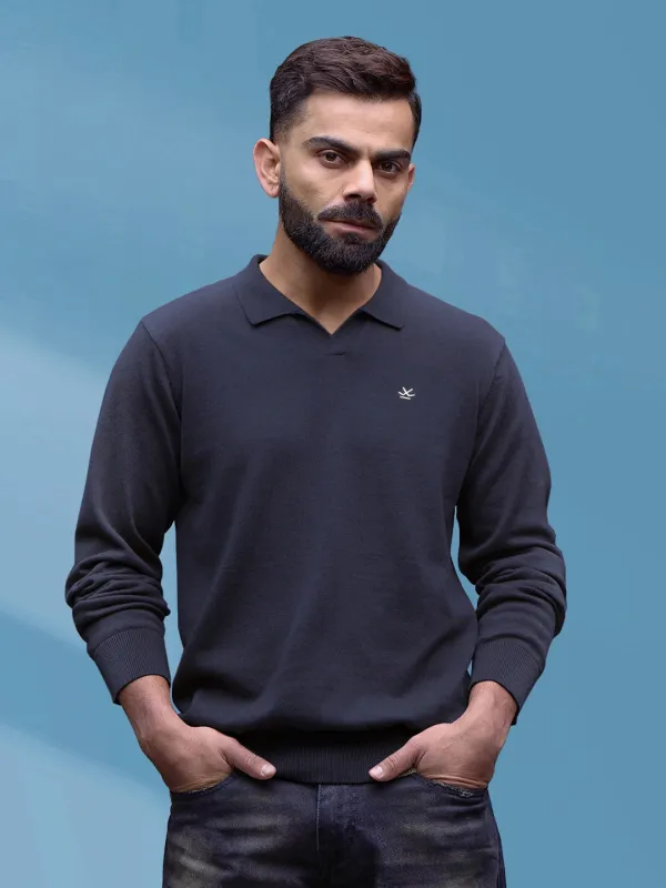 Premium Flat Knit Johnny Collar Polo T-Shirt  | Navy Blue sold by Wrogn