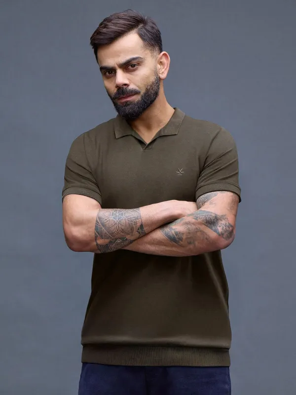 Premium Flat Knit Slim Fit Polo T-Shirt | Olive sold by Wrogn