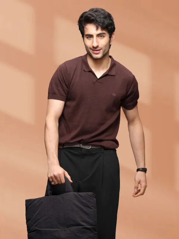 Premium Flat Knit Slim Fit Polo T-Shirt | Brown made by Wrogn