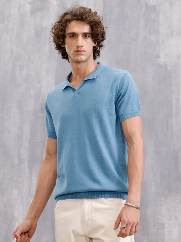 Premium Flat Knit Slim Fit Polo T-Shirt | Blue sold by Wrogn