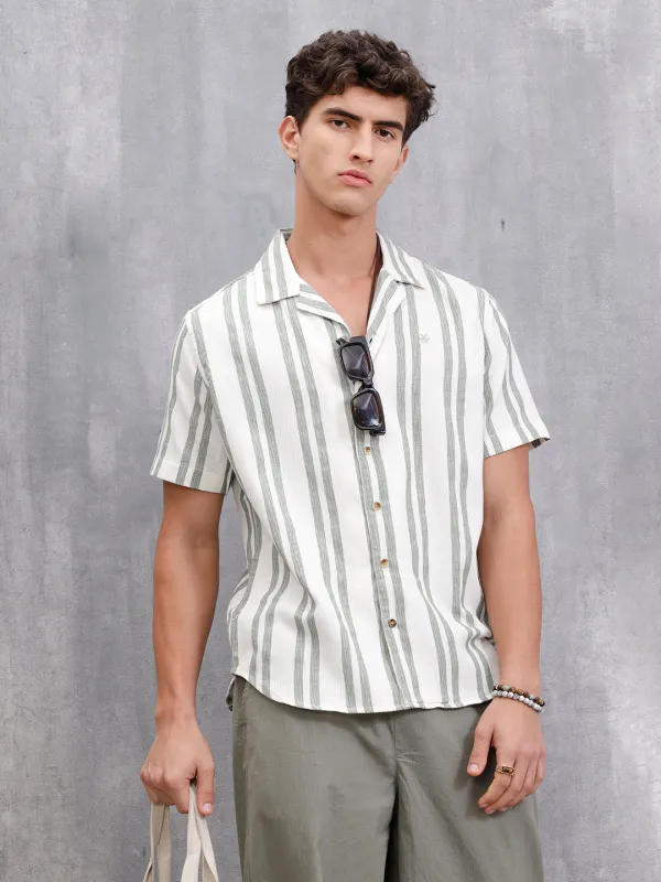 Textured Stripe Shirt In Resort Collar | Green sold by Wrogn