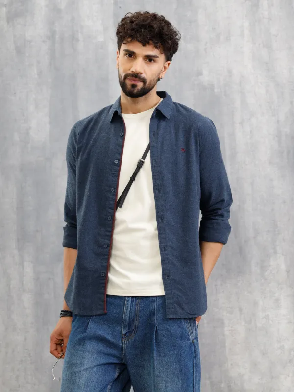 Melange Fabric Smart Shirt In Slim Fit  | Navy Blue sold by Wrogn