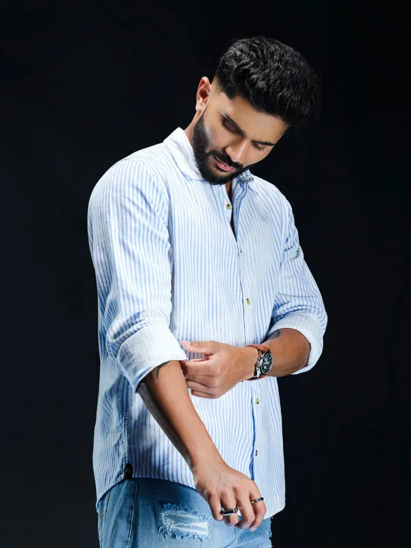 Corduroy Lenticular Stripe Print Shirt | White sold by Wrogn