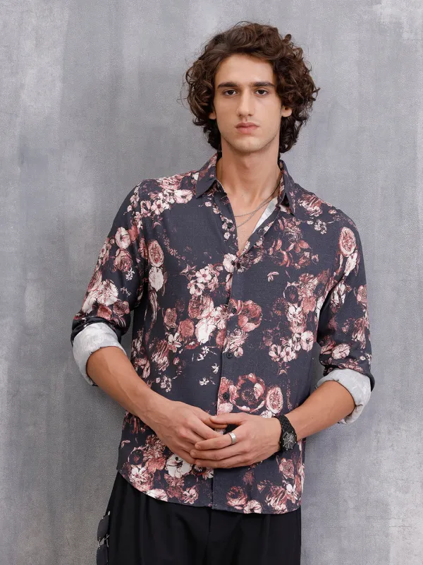 Fluid Dark Floral Printed Shirt In Slim Fit | Black sold by Wrogn
