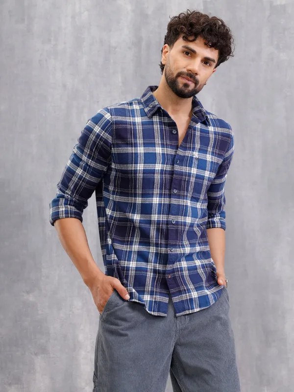 Brushed Flannel Check Shirt In Slim Fit  | Navy Blue sold by Wrogn