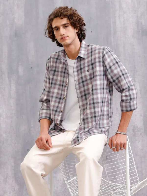 Cotton Twill Shadow Check Shirt In Slim Fit | Grey sold by Wrogn