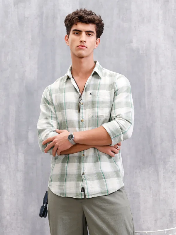 Cotton Twill Slub Checks In Slim Fit | Green sold by Wrogn