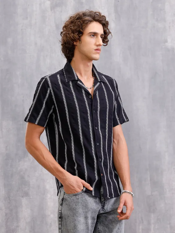 Seersucker Dobby Stripe Short Sleeve Shirt | Black sold by Wrogn